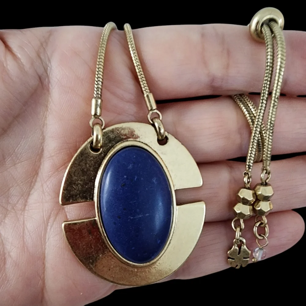 Lucky Brand art deco pendant necklace boho layer necklace blue stone